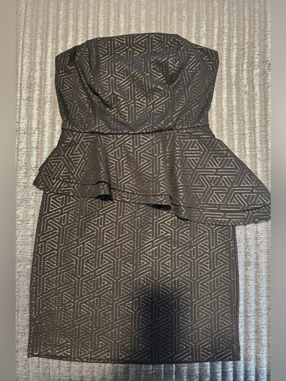 Strapless Black & Silver Geometric Peplum Dress
